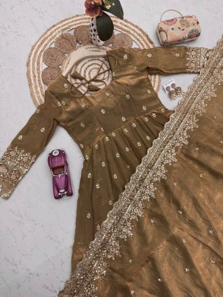 Refined Brown Wedding Special Two Tone Silk Gown Set with Matching Dupatta Ready To Wear Collection