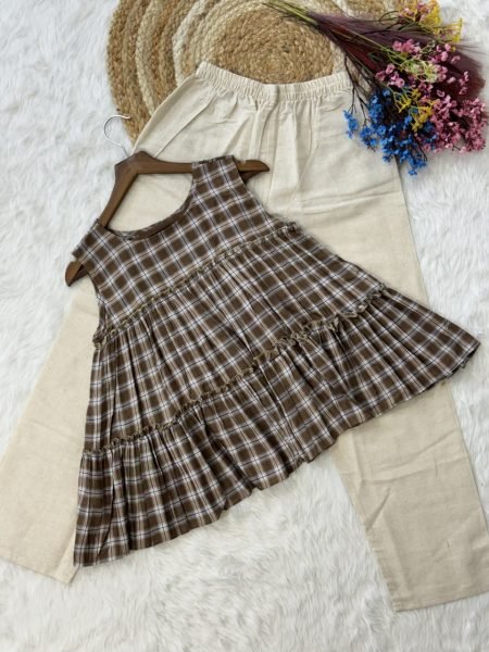 Refined Coffee Checks Linen Cotton Top Pant Set for Summer Casual Wear Women Tunics kurti