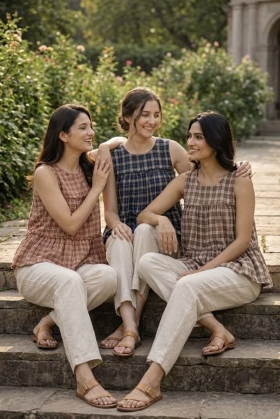 Refined Coffee Checks Linen Cotton Top Pant Set for Summer Casual Wear Women Tunics kurti