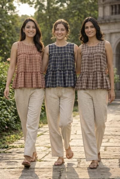 Refined Coffee Checks Linen Cotton Top Pant Set for Summer Casual Wear Women Tunics kurti