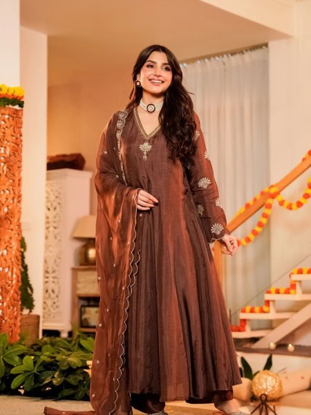 Refined Coffee CP Vichitra Anarkali Kurti Set with Embroidered Neckline At Factory Outlet Price Kurtis