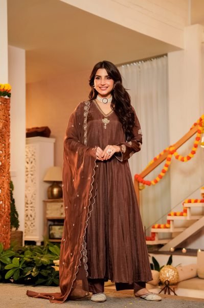 Refined Coffee CP Vichitra Anarkali Kurti Set with Embroidered Neckline At Factory Outlet Price Embroidery Kurtis 