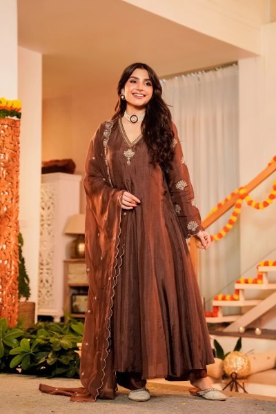 Refined Coffee CP Vichitra Anarkali Kurti Set with Embroidered Neckline At Factory Outlet Price Embroidery Kurtis 