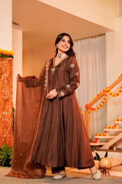 Refined Coffee CP Vichitra Anarkali Kurti Set with Embroidered Neckline At Factory Outlet Price Embroidery Kurtis 
