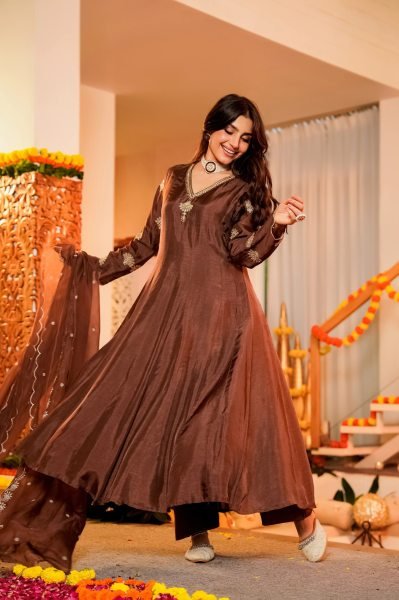 Refined Coffee CP Vichitra Anarkali Kurti Set with Embroidered Neckline At Factory Outlet Price Embroidery Kurtis 