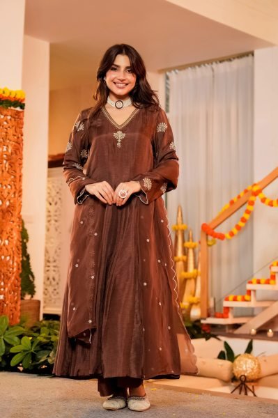 Refined Coffee CP Vichitra Anarkali Kurti Set with Embroidered Neckline At Factory Outlet Price Embroidery Kurtis 