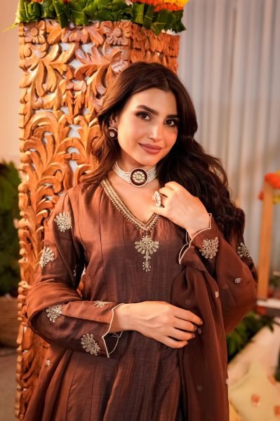 Refined Coffee CP Vichitra Anarkali Kurti Set with Embroidered Neckline At Factory Outlet Price Embroidery Kurtis 