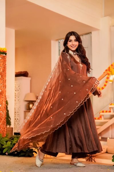 Refined Coffee CP Vichitra Anarkali Kurti Set with Embroidered Neckline At Factory Outlet Price Embroidery Kurtis 