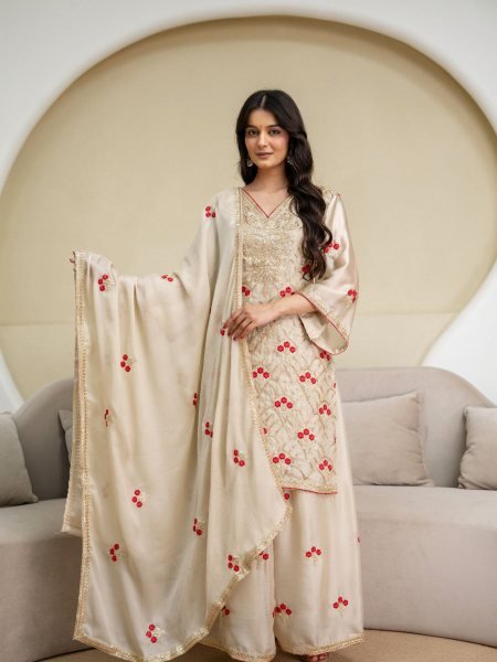 Refined Cream Chiffon Satin Embroidered Suit Set with Dupatta At Factory Price Kurti Set 