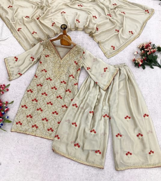 Refined Cream Chiffon Satin Embroidered Suit Set with Dupatta At Factory Price Kurti Set Ready To Wear Collection