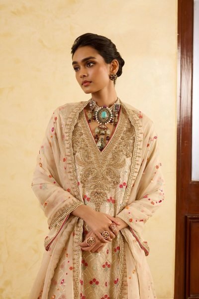 Refined Cream Chiffon Satin Embroidered Suit Set with Dupatta At Factory Price Kurti Set Ready To Wear Collection