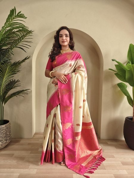 Refined Cream Dual Tone Silk Saree with All Over Zari Weaving and Mango Motifs Sarees 