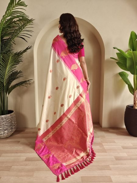 Refined Cream Dual Tone Silk Saree with All Over Zari Weaving and Mango Motifs Silk Sarees Wholesale