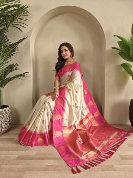 Refined Cream Dual Tone Silk Saree with All Over Zari Weaving and Mango Motifs Silk Sarees Wholesale