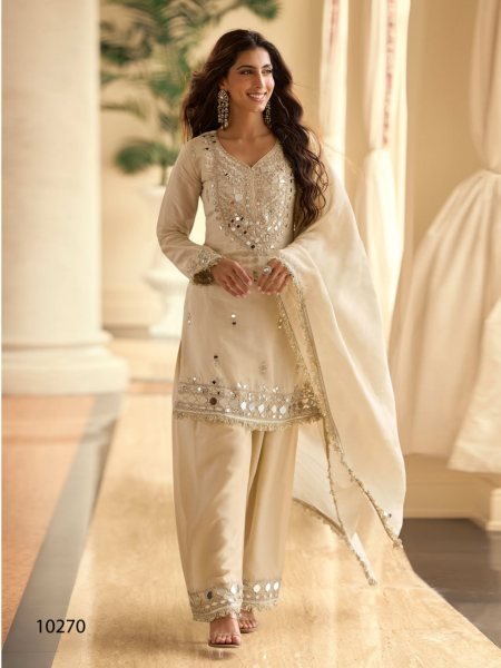 Refined Cream Simar Silk Palazzo Suit with Mirror Embroidery Work Full Set Salwar Kameez