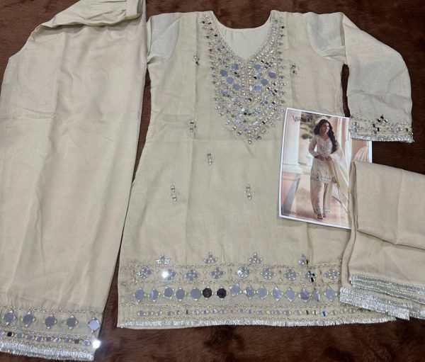 Refined Cream Simar Silk Palazzo Suit with Mirror Embroidery Work Full Set Salwar Kameez