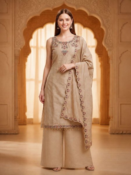 Refined Cream Women s Roman Silk Kurti Pant Set with Matching Dupatta 