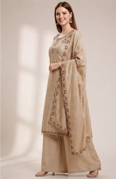 Refined Cream Women s Roman Silk Kurti Pant Set with Matching Dupatta 3 Piece Kurti Set