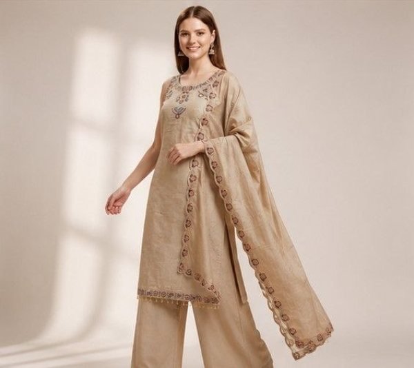 Refined Cream Women s Roman Silk Kurti Pant Set with Matching Dupatta 3 Piece Kurti Set