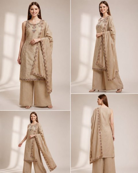Refined Cream Women s Roman Silk Kurti Pant Set with Matching Dupatta 3 Piece Kurti Set