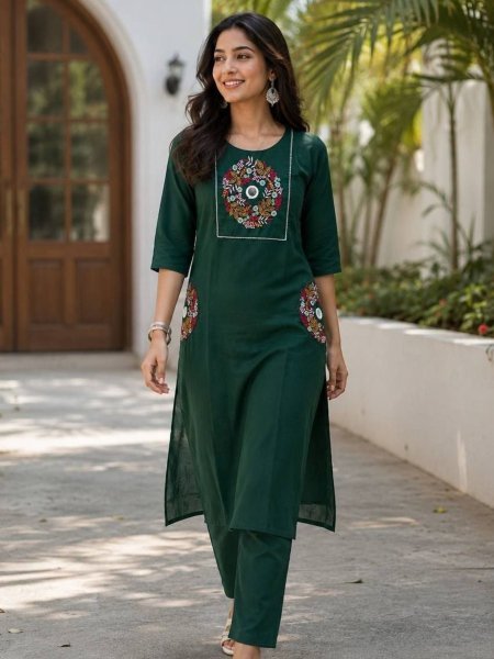 Refined Dark Green Designer Rayon Cotton Kurti Pant Set with Embroidery and Mirror Work 