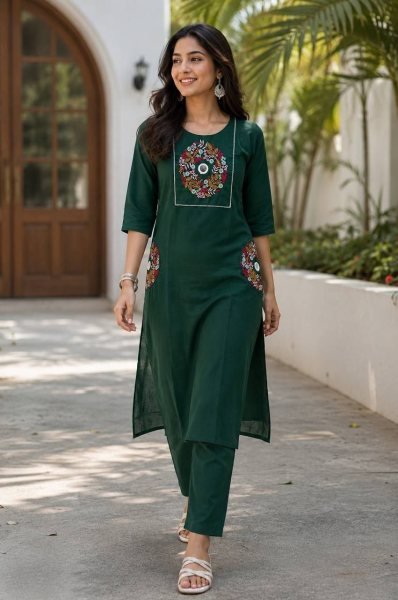 Refined Dark Green Designer Rayon Cotton Kurti Pant Set with Embroidery and Mirror Work Cotton Kurtis Wholesale