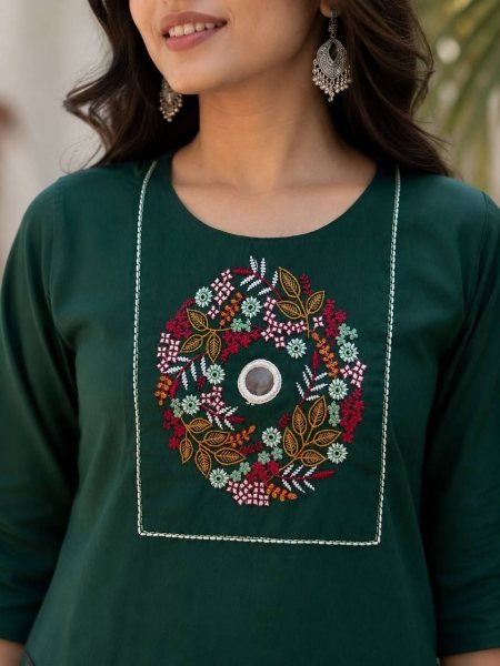 Refined Dark Green Designer Rayon Cotton Kurti Pant Set with Embroidery and Mirror Work Cotton Kurtis Wholesale