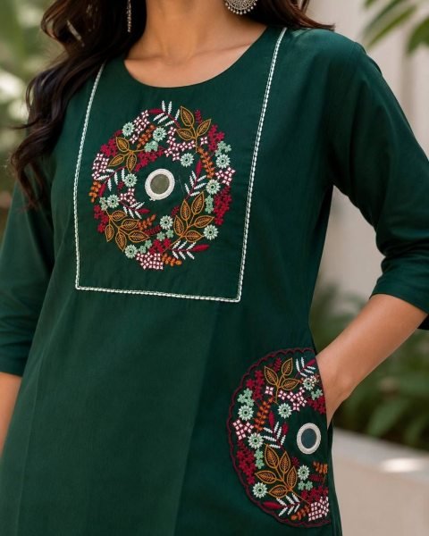 Refined Dark Green Designer Rayon Cotton Kurti Pant Set with Embroidery and Mirror Work Cotton Kurtis Wholesale