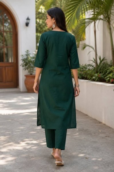 Refined Dark Green Designer Rayon Cotton Kurti Pant Set with Embroidery and Mirror Work Cotton Kurtis Wholesale