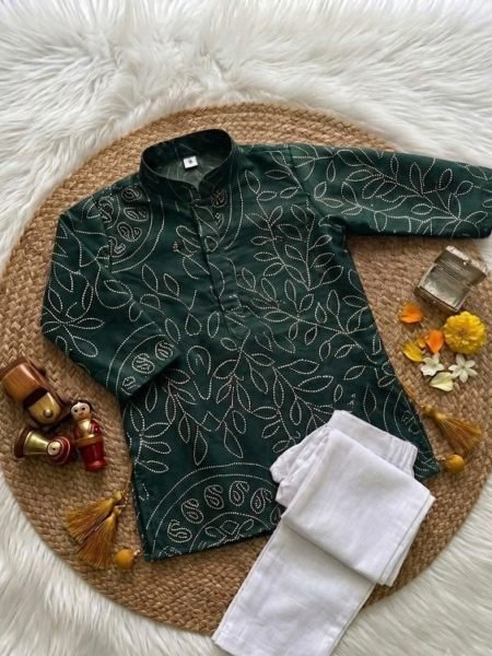 Refined Dark Green Kids Traditional Ajrakh Printed Kurta Pant Set For Festival 