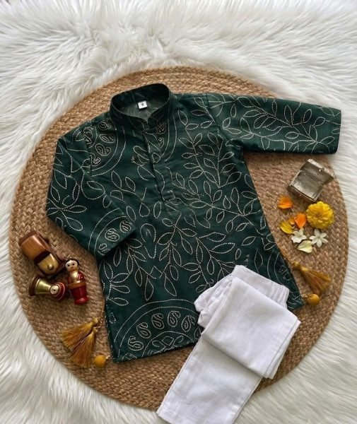 Refined Dark Green Kids Traditional Ajrakh Printed Kurta Pant Set For Festival Boys Wear