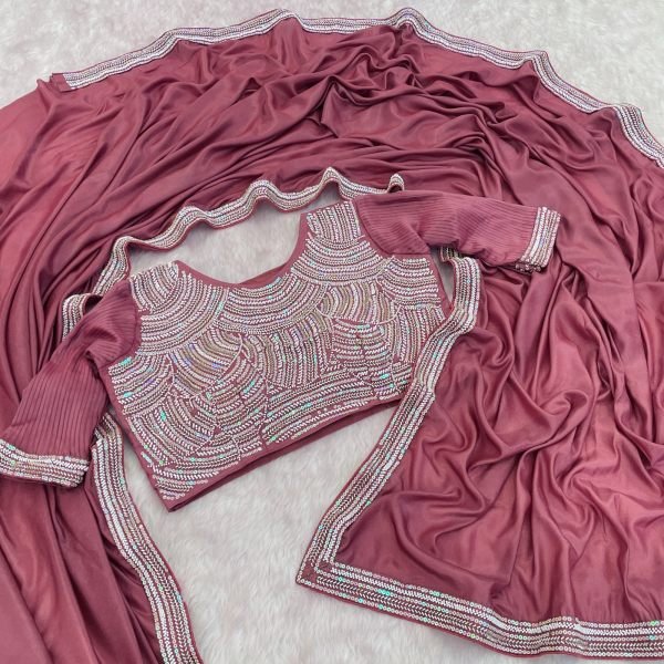 Refined Dusty Rose Party Wear Chocolate Silk Saree with Designer Blouse Embroidery Sarees Wholesale