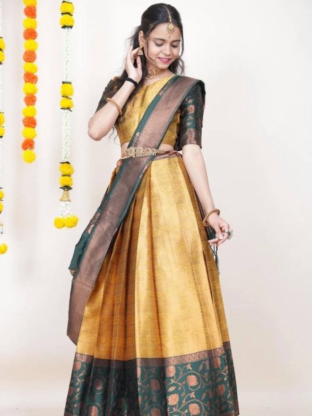 Refined Golden Designer Kanjivaram Silk Lehenga Set with Banarasi Zari Work Blouse  Lehenga