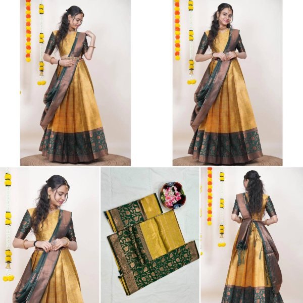 Refined Golden Designer Kanjivaram Silk Lehenga Set with Banarasi Zari Work Blouse Half Saree Lehenga