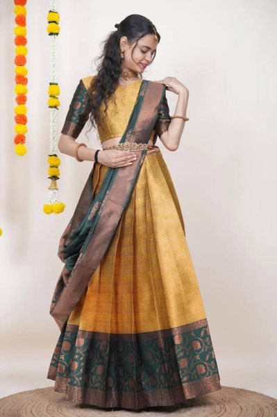 Refined Golden Designer Kanjivaram Silk Lehenga Set with Banarasi Zari Work Blouse Half Saree Lehenga