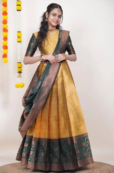 Refined Golden Designer Kanjivaram Silk Lehenga Set with Banarasi Zari Work Blouse Half Saree Lehenga