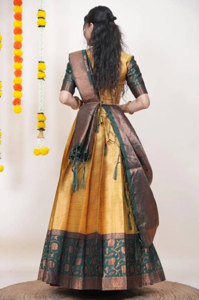 Refined Golden Designer Kanjivaram Silk Lehenga Set with Banarasi Zari Work Blouse Half Saree Lehenga