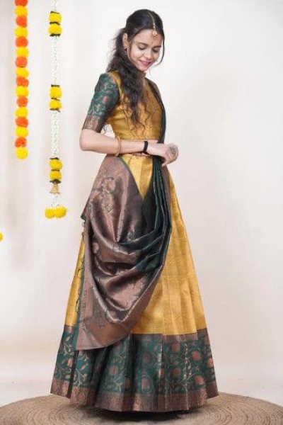 Refined Golden Designer Kanjivaram Silk Lehenga Set with Banarasi Zari Work Blouse Half Saree Lehenga