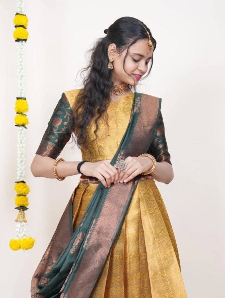 Refined Golden Designer Kanjivaram Silk Lehenga Set with Banarasi Zari Work Blouse Half Saree Lehenga