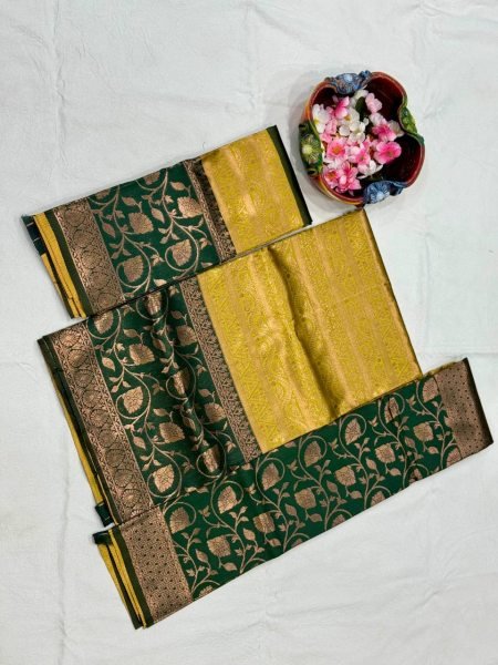 Refined Golden Designer Kanjivaram Silk Lehenga Set with Banarasi Zari Work Blouse Half Saree Lehenga