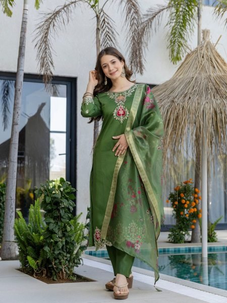 Refined Green Chanderi Suit Set with Embroidered Top and Dupatta Kurtis