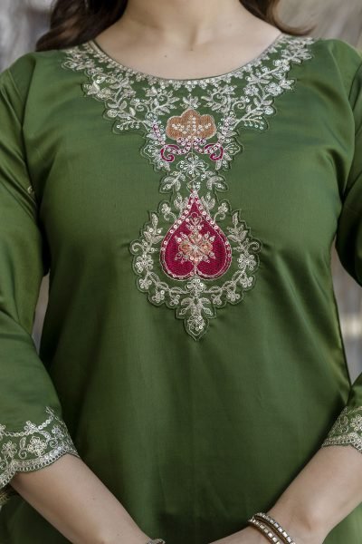 Exceptional Green Chanderi Suit Set with Embroidered Top and Dupatta Embroidery Kurtis 