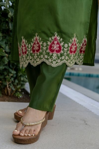 Exceptional Green Chanderi Suit Set with Embroidered Top and Dupatta Embroidery Kurtis 