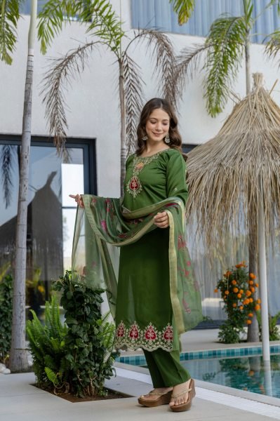 Exceptional Green Chanderi Suit Set with Embroidered Top and Dupatta Embroidery Kurtis 