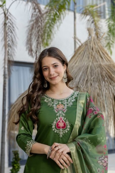 Exceptional Green Chanderi Suit Set with Embroidered Top and Dupatta Embroidery Kurtis 