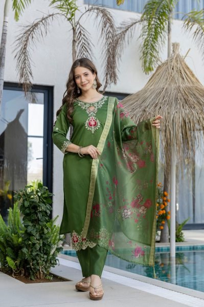 Exceptional Green Chanderi Suit Set with Embroidered Top and Dupatta Embroidery Kurtis 