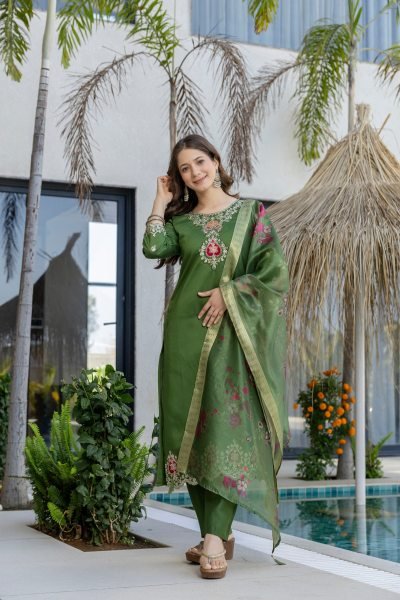 Exceptional Green Chanderi Suit Set with Embroidered Top and Dupatta Embroidery Kurtis 