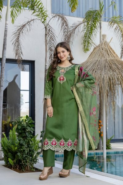 Exceptional Green Chanderi Suit Set with Embroidered Top and Dupatta Embroidery Kurtis 