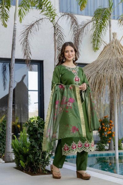 Exceptional Green Chanderi Suit Set with Embroidered Top and Dupatta Embroidery Kurtis 