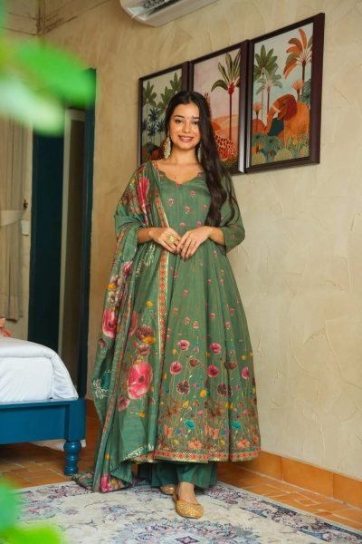 Refined Green Digital Floral Print Muslin Anarkali Kurta Set with Dupatta  Anarkali Kurtis 